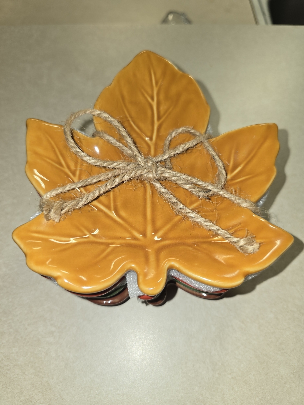 Maple Leaf Shaped Ceramic Appy Plate Set of 4 - Brown, Green, Red and Orange NEW